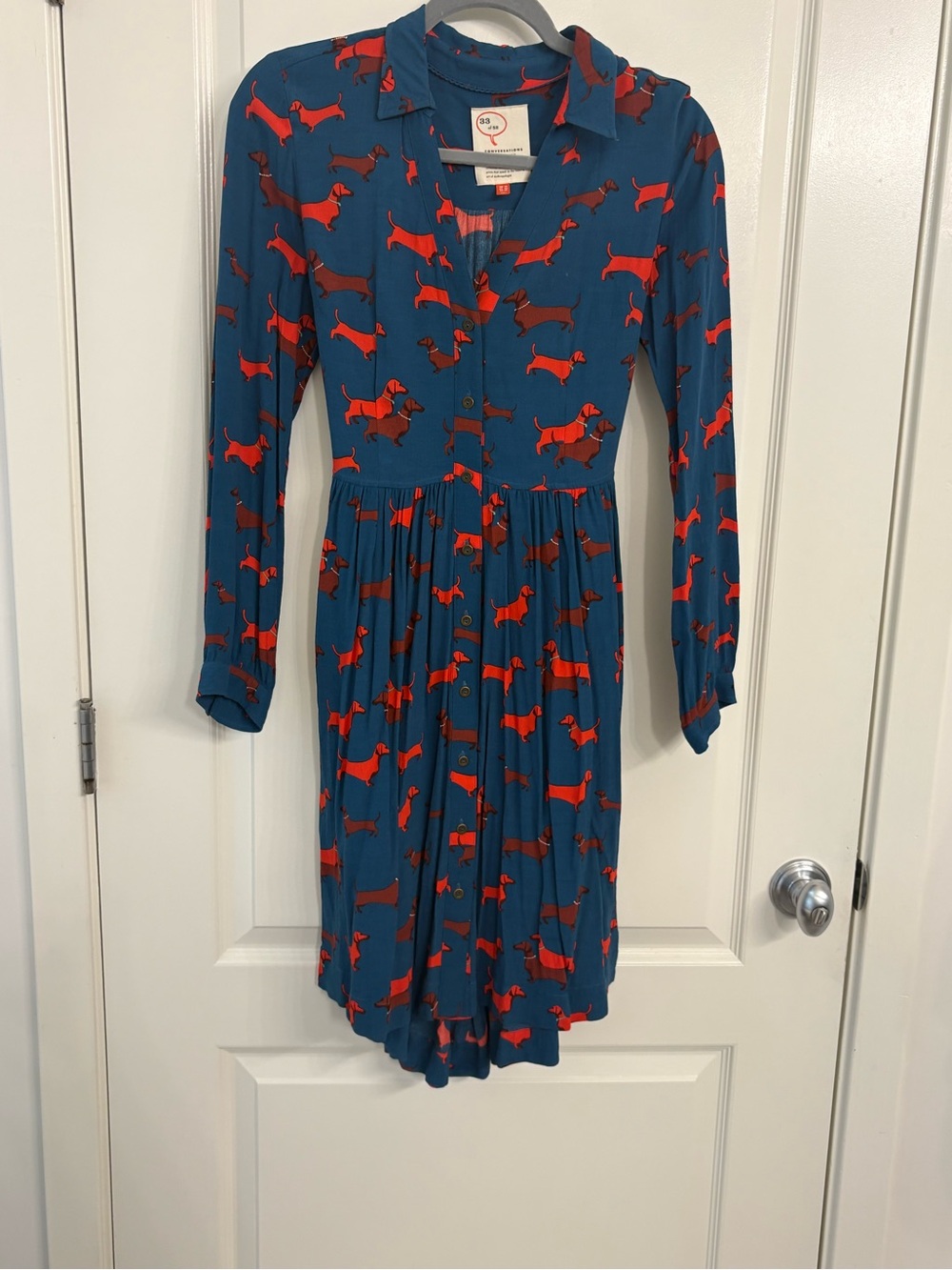 Anthropologie Blue Dress with Red Dachshund Print Size 6